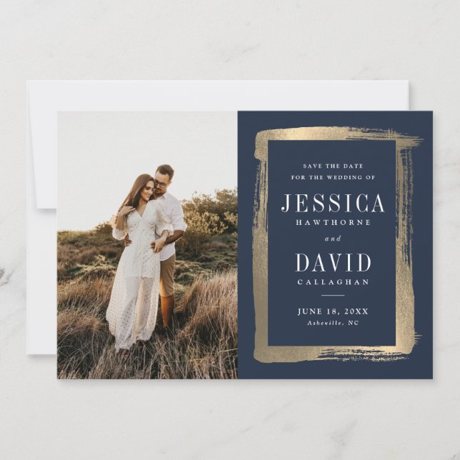 Modern Gold Painted Frame Photo Wedding Save The Date (Front)