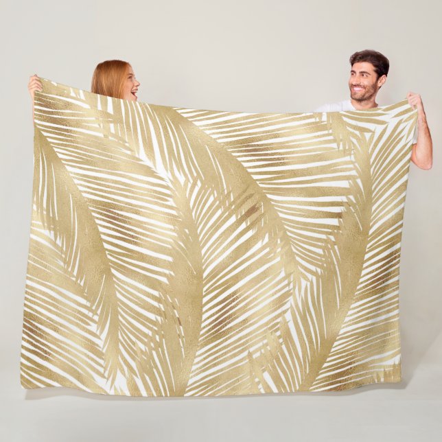 Modern Gold Palm Leaf Tropical Pattern Fleece Blanket (In Situ)