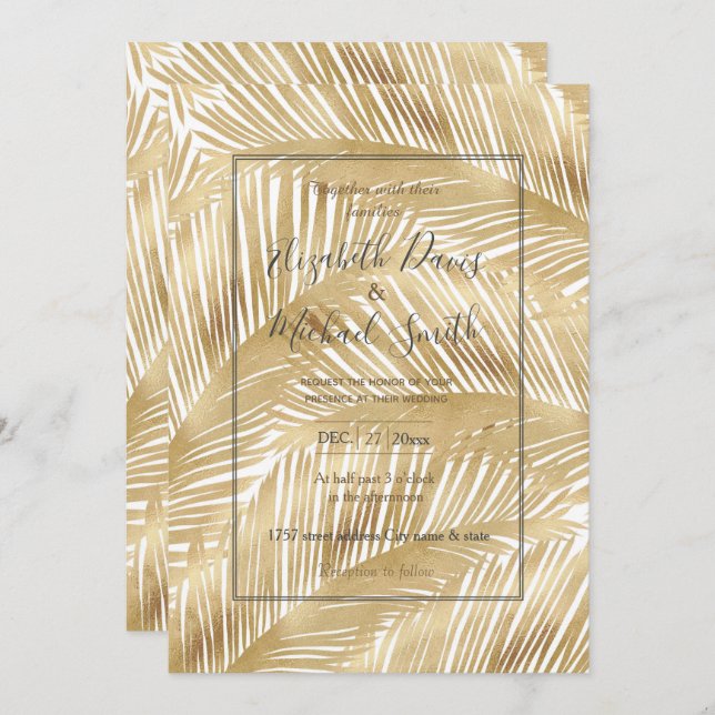 Modern Gold Palm Leaf Tropical Pattern Invitation (Front/Back)