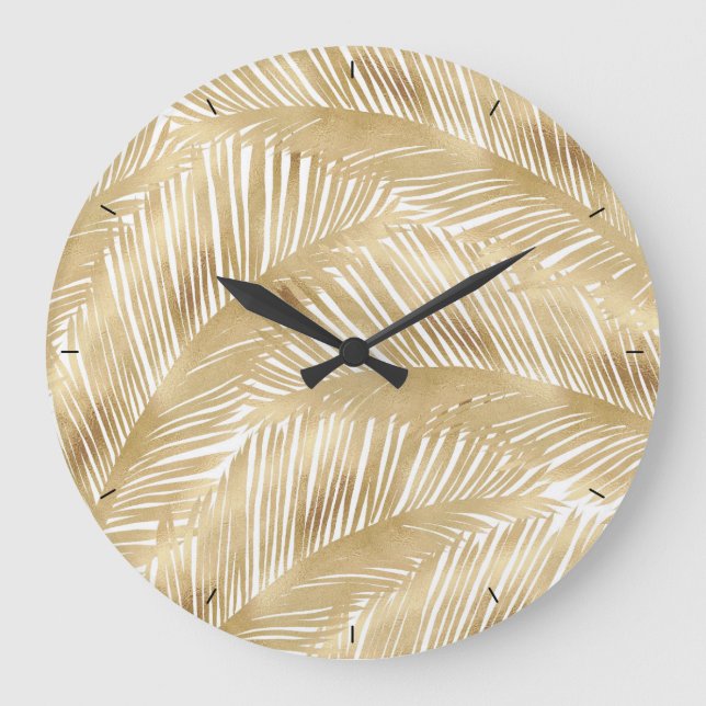 Modern Gold Palm Leaf Tropical Pattern Large Clock (Front)
