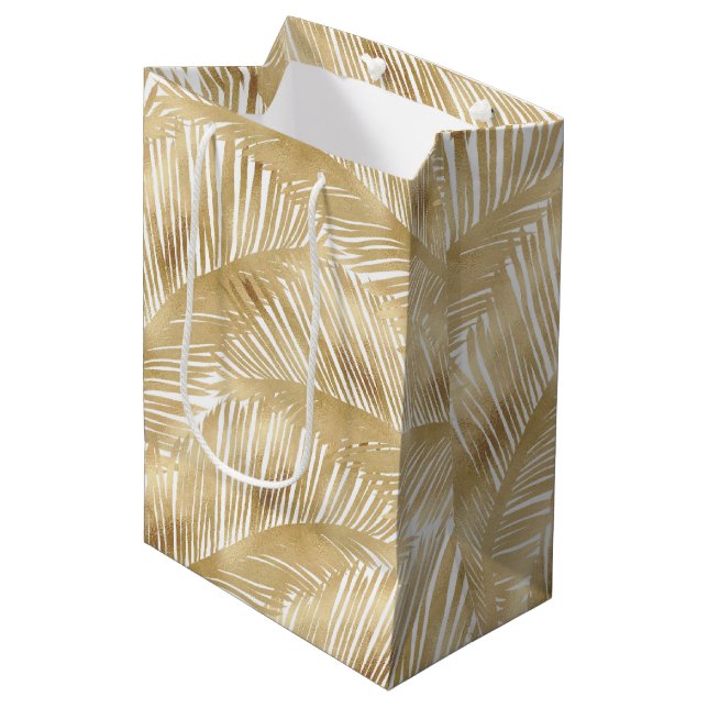 Modern Gold Palm Leaf Tropical Pattern Medium Gift Bag (Front Angled)