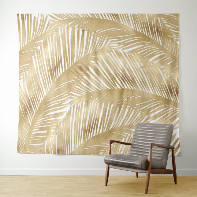 Modern Gold Palm Leaf Tropical Pattern Tapestry (In Situ (Horizontal))