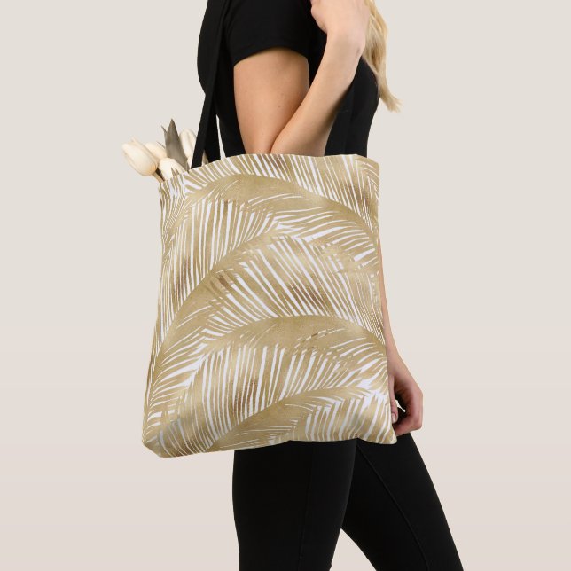 Modern Gold Palm Leaf Tropical Pattern Tote Bag (Close Up)