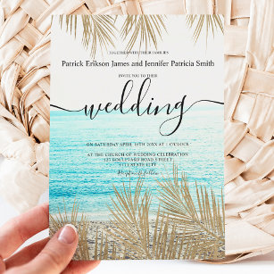 Modern gold palm tree  beach script wedding invitation
