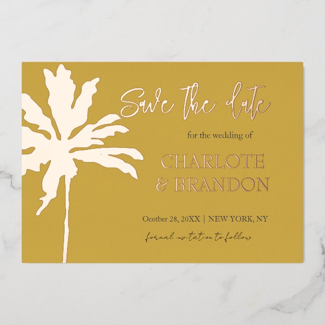 Modern Gold Palm Tree Beach Wedding Save The Date (Front)