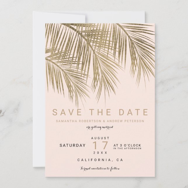 Modern gold palm tree elegant save the date pink (Front)