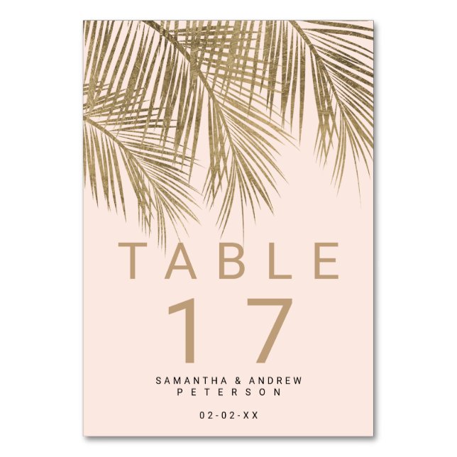 Modern gold palm tree elegant wedding table pink table number (Front)