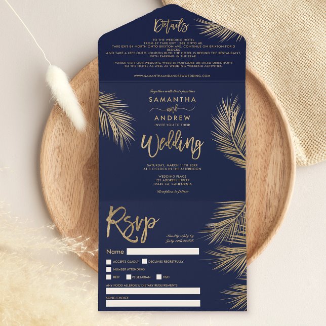 Modern gold palm tree tropical navy blue wedding all in one invitation (Creator Uploaded)