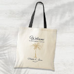 Modern Gold Palm Tree Wedding Welcome Tote Bag<br><div class="desc">Customize this black and gold "Welcome" tote bag with your own special touch. This modern design features modern script,  black text and an artistic gold palm tree. Personalize it with your names,  wedding date and location. If you need help or matching items,  please contact me.</div>