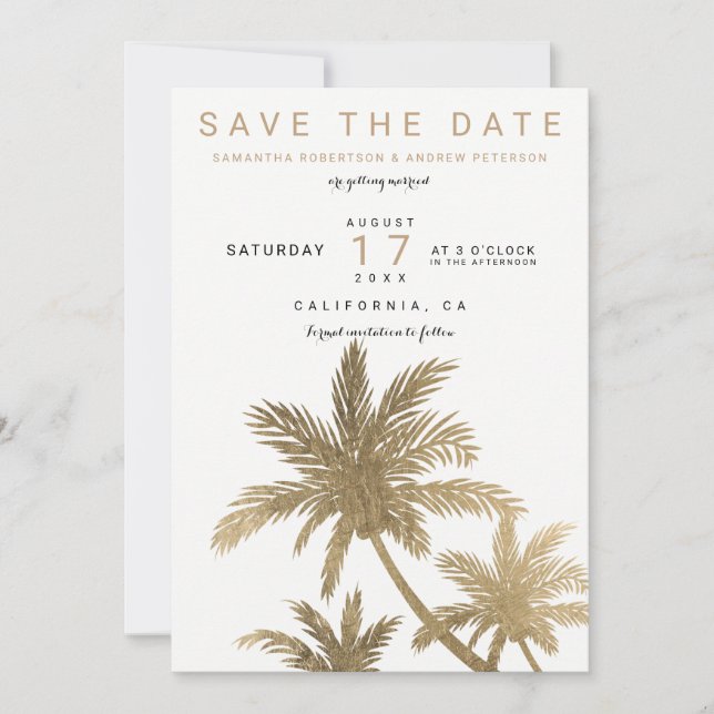 Modern gold palm trees elegant save the date (Front)