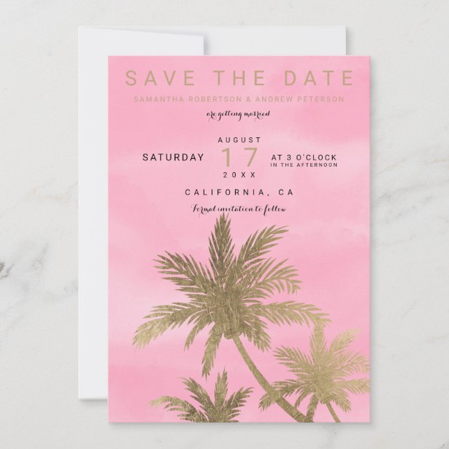 Modern gold palm trees pink chic save the date (Front)