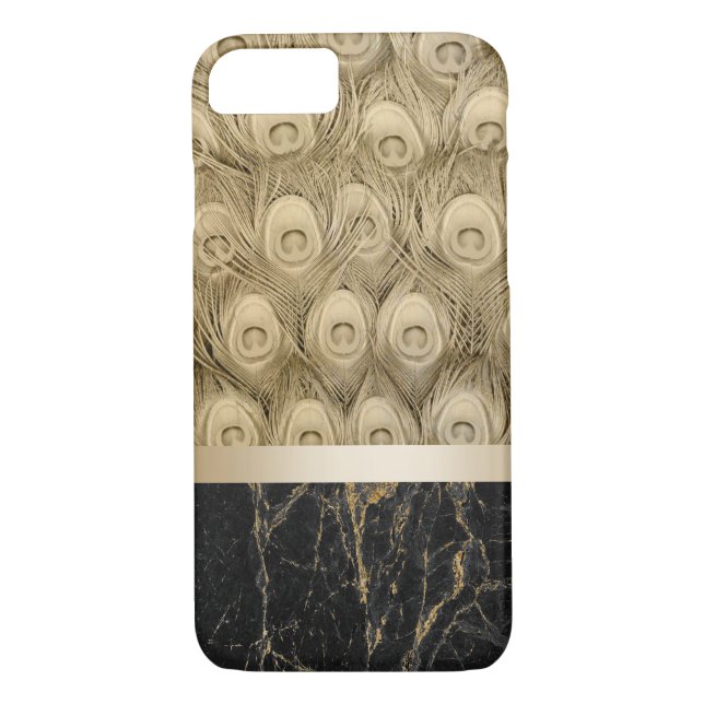 Modern Gold Peacock Feather Black Marble with Name Case-Mate iPhone Case (Back)