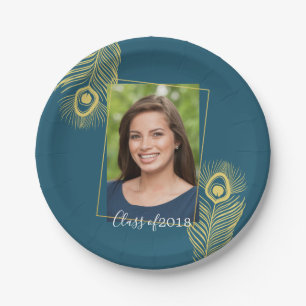 Modern Gold Peacock Graduation Paper Plates