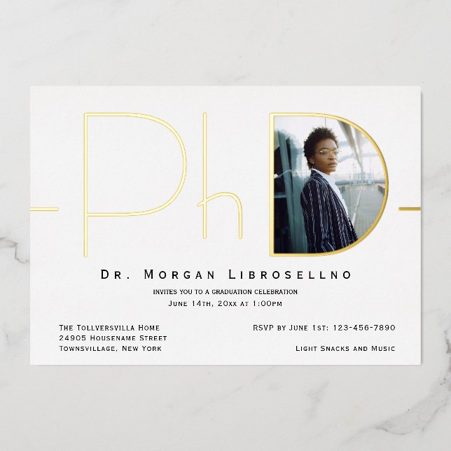 Modern Gold Photo PhD Graduation Foil Invitation (Front)