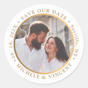 Modern Gold Photo Save The Date Classic Round Sticker