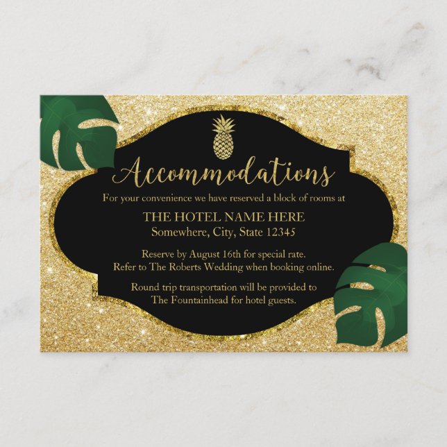 Modern Gold Pineapple Beach Wedding Accommodation Enclosure Card (Front)
