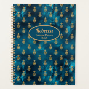 Modern Gold Pineapples Teal Blue Personalize Planner