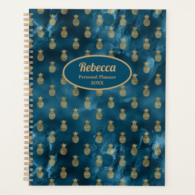 Modern Gold Pineapples Teal Blue Personalize Planner (Front)