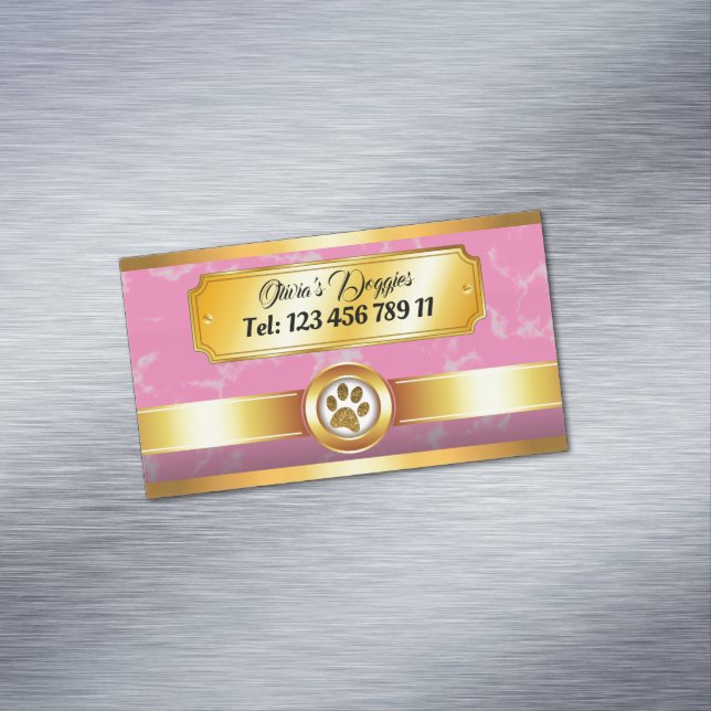 Modern Gold Pink Dog Walker Pet Sitter Animal Care Magnetic Business Card (In Situ)