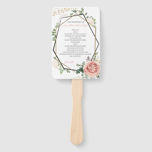 Modern Gold Pink Geometric Wedding Program Hand Fan (Front)