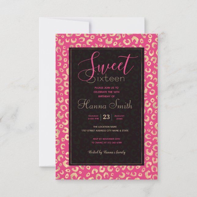 Modern Gold Pink Leopard Print Pattern Invitation (Front)