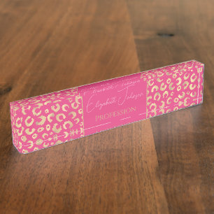 Modern Gold Pink Leopard Print Pattern Nameplate