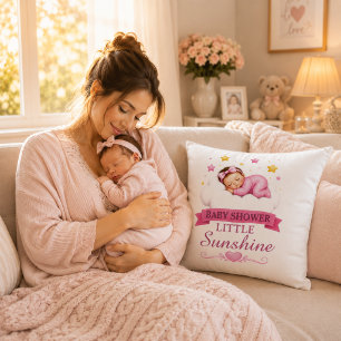 Modern Gold Pink Stars Little Sunshine Baby Shower Throw Pillow