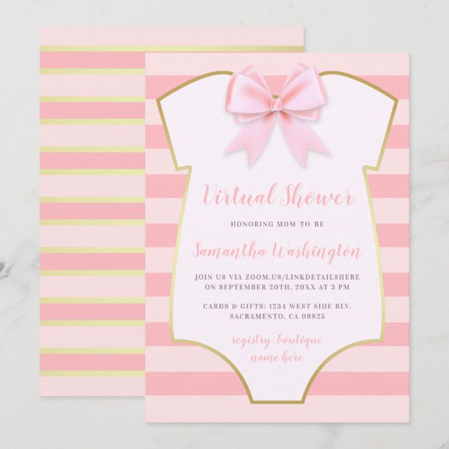 Modern Gold & Pink Stripes Bow Virtual Shower Invitation (Front/Back)