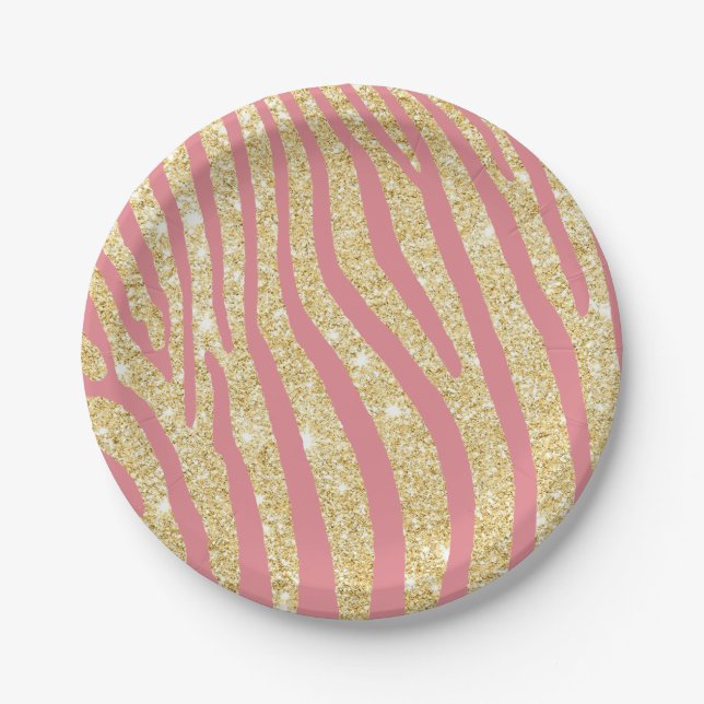 Modern Gold & Pink Zebra Stripes Girly Paper Plate (Front)