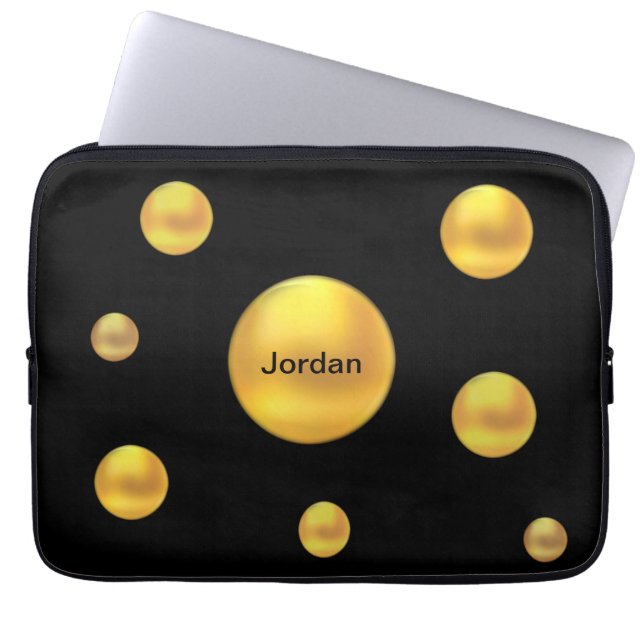 Modern Gold Polka Dots on Black Laptop Sleeve (Front)