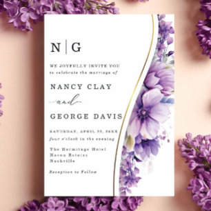Modern Gold Purple Flowers Monogram Wedding Invitation