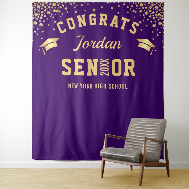 Modern Gold Purple Graduation Photo Booth Backdrop Tapestry (In Situ)