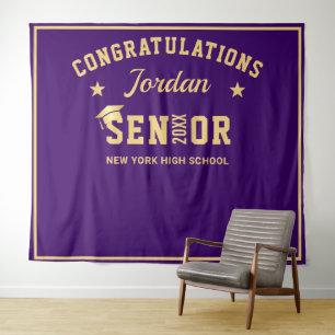 Modern Gold Purple Graduation Photo Booth Backdrop Tapestry
