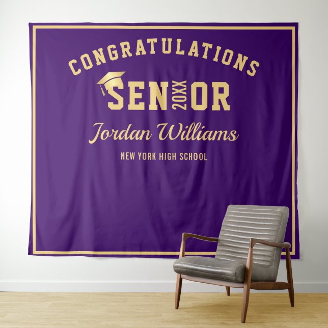 Modern Gold Purple Graduation Photo Booth Backdrop Tapestry (In Situ (Horizontal))