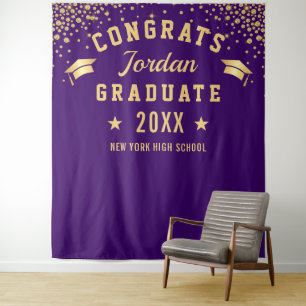 Modern Gold Purple Graduation Photo Booth Backdrop Tapestry