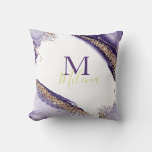 Modern Gold Purple Sparkling Monogram Watercolor Throw Pillow