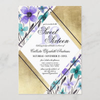 Modern Gold Purple Teal Flower Watercolor Sweet 16
