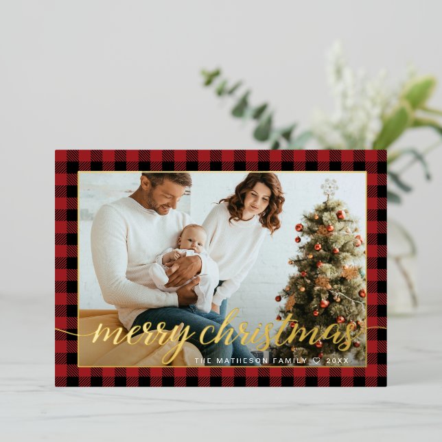 Modern Gold Red black plaid photo Christmas Foil Holiday Card (Standing Front)