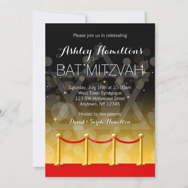 Modern Gold Red Carpet Hollywood Bat Mitzvah Invitation (Front)