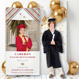 Modern Gold Red Diagonal Stripes Photo Graduation Banner
