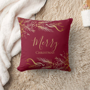 Modern Gold Red Family Name Merry Christmas Throw Pillow