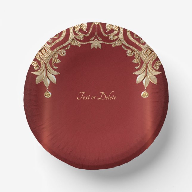 Modern Gold Red Floral Paper Plate (Front)