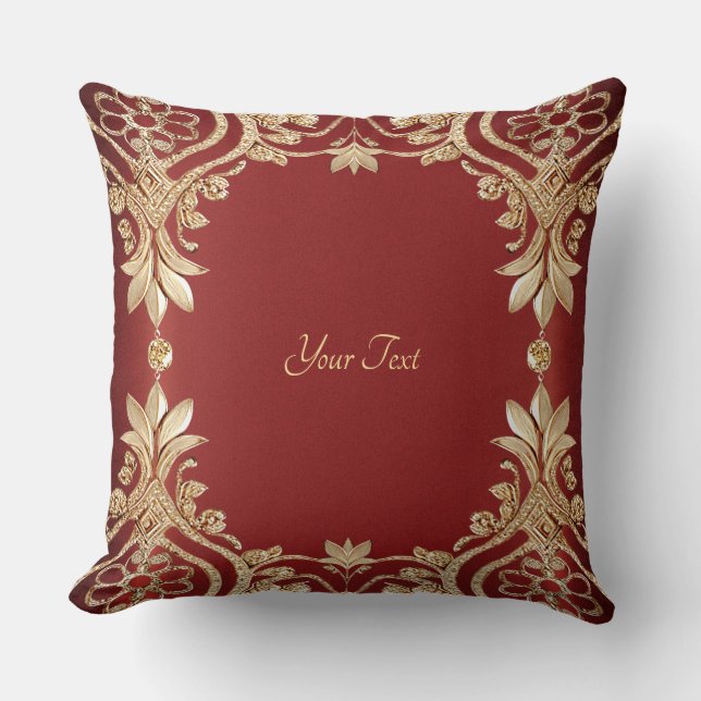 Modern Gold Red Floral Throw Pillow (Front)