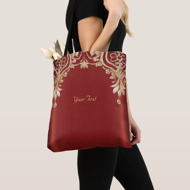 Modern Gold Red Floral Tote Bag (Close Up)