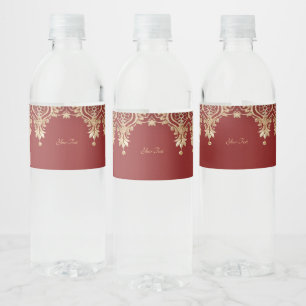 Modern Gold Red Floral Water Bottle Label