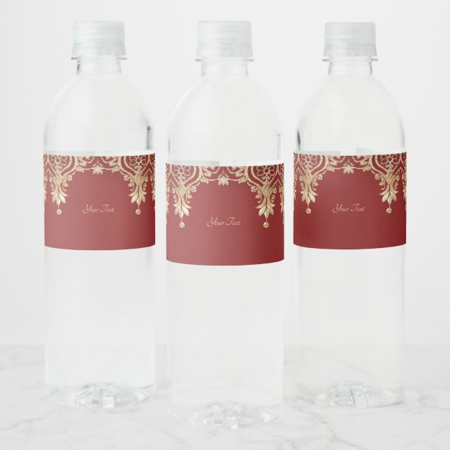 Modern Gold Red Floral Water Bottle Label (Bottles)
