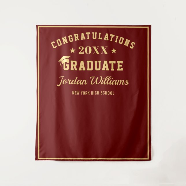 Modern Gold Red Graduation Photo Booth Backdrop Tapestry (Front)