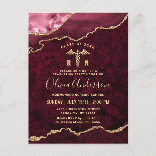 Modern Gold Red RN Graduation Party Invitation Postcard (Front)