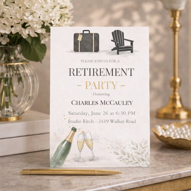 Modern Gold Retirement Invitation (Modern gold retirement party invite with champagne detail and refined evening feel)