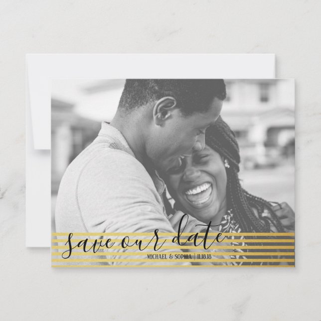 Modern Gold Save Our Date Script Photo Card (Front)
